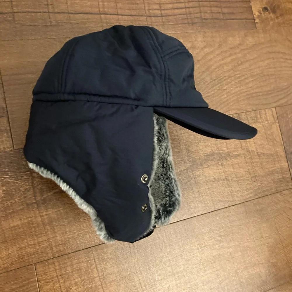 Supplex Fitted Trapper Hat Navy Blue Faux Fur Winter Cap OSFM
